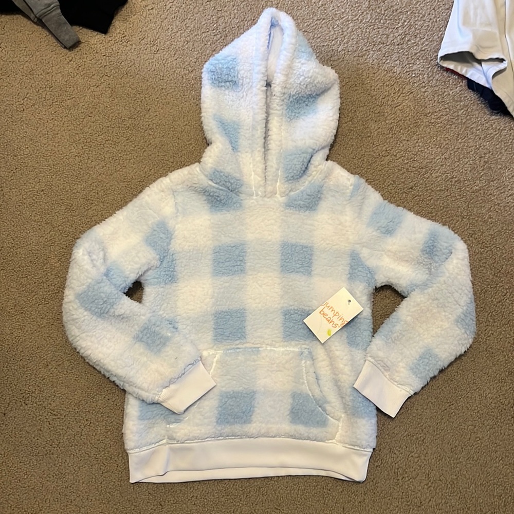 Jumping beans blue and white checked fleece hooded sweatshirt - size 7 girls